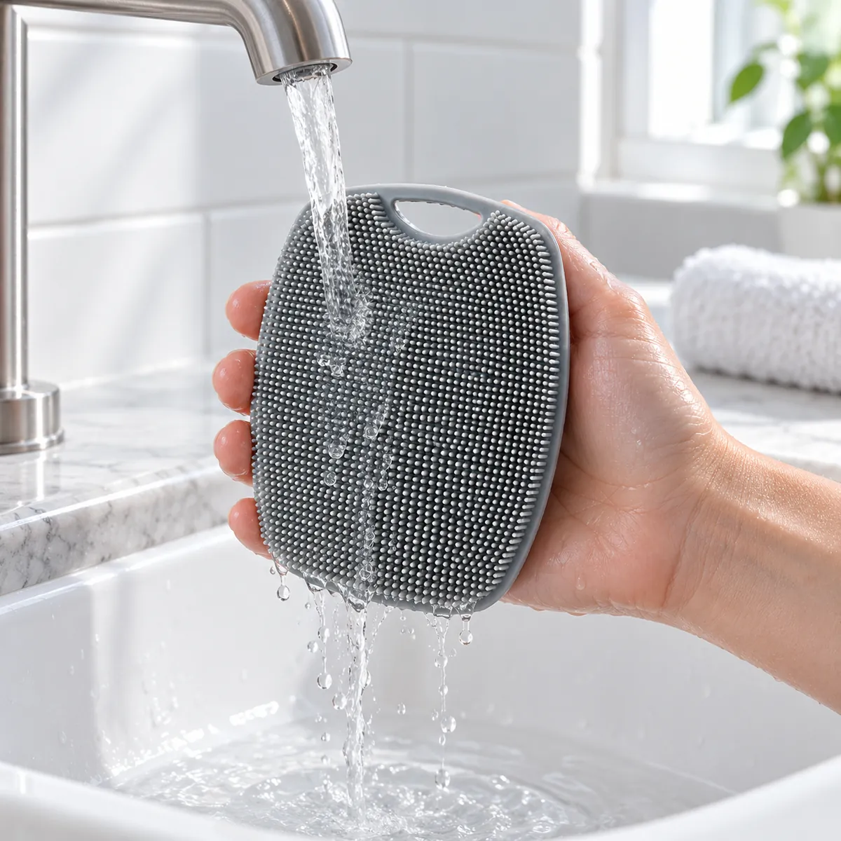A hand rinsing the grey silicone body brush under a bathroom tap