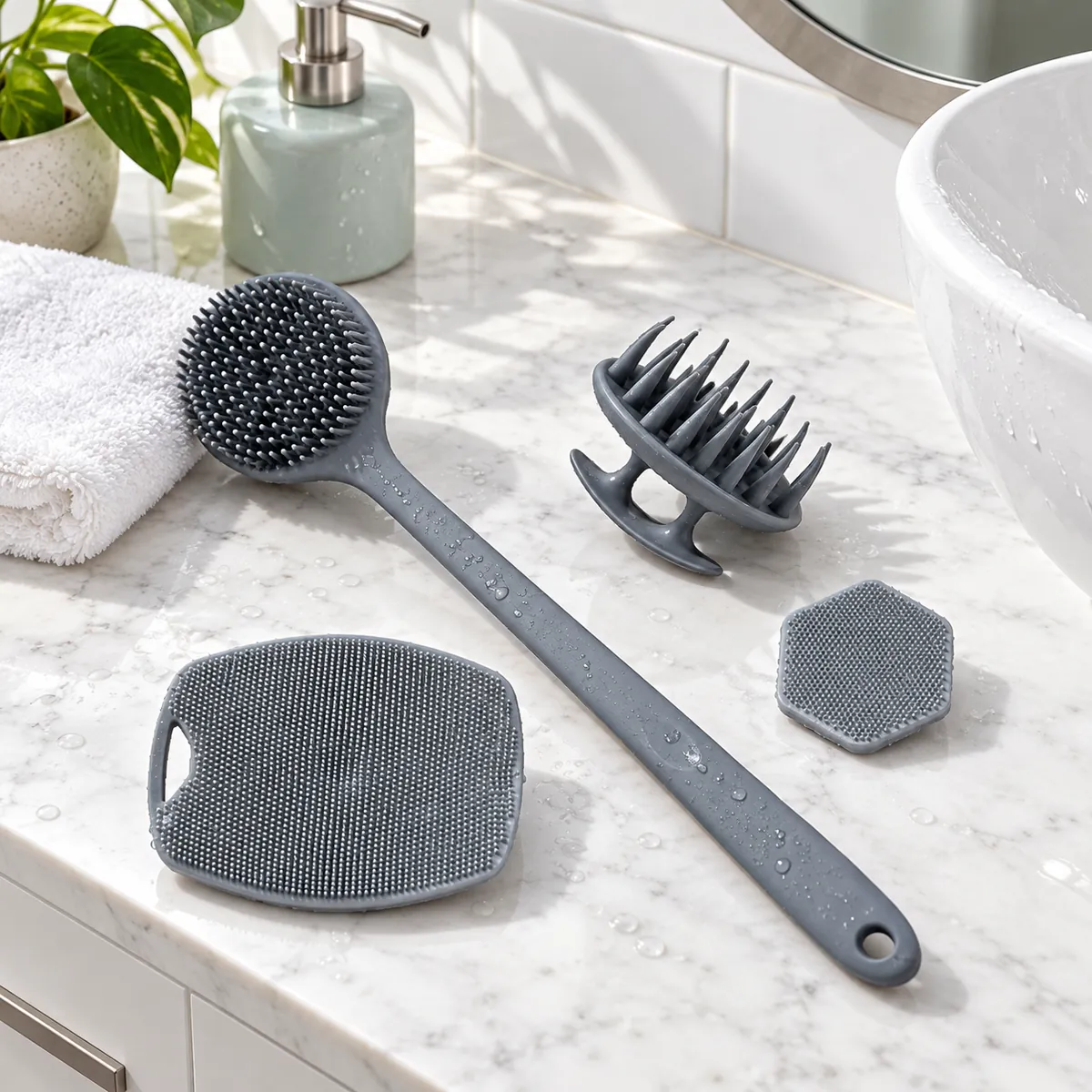 Grey four-piece silicone brush set arranged beside a white bathroom basin
